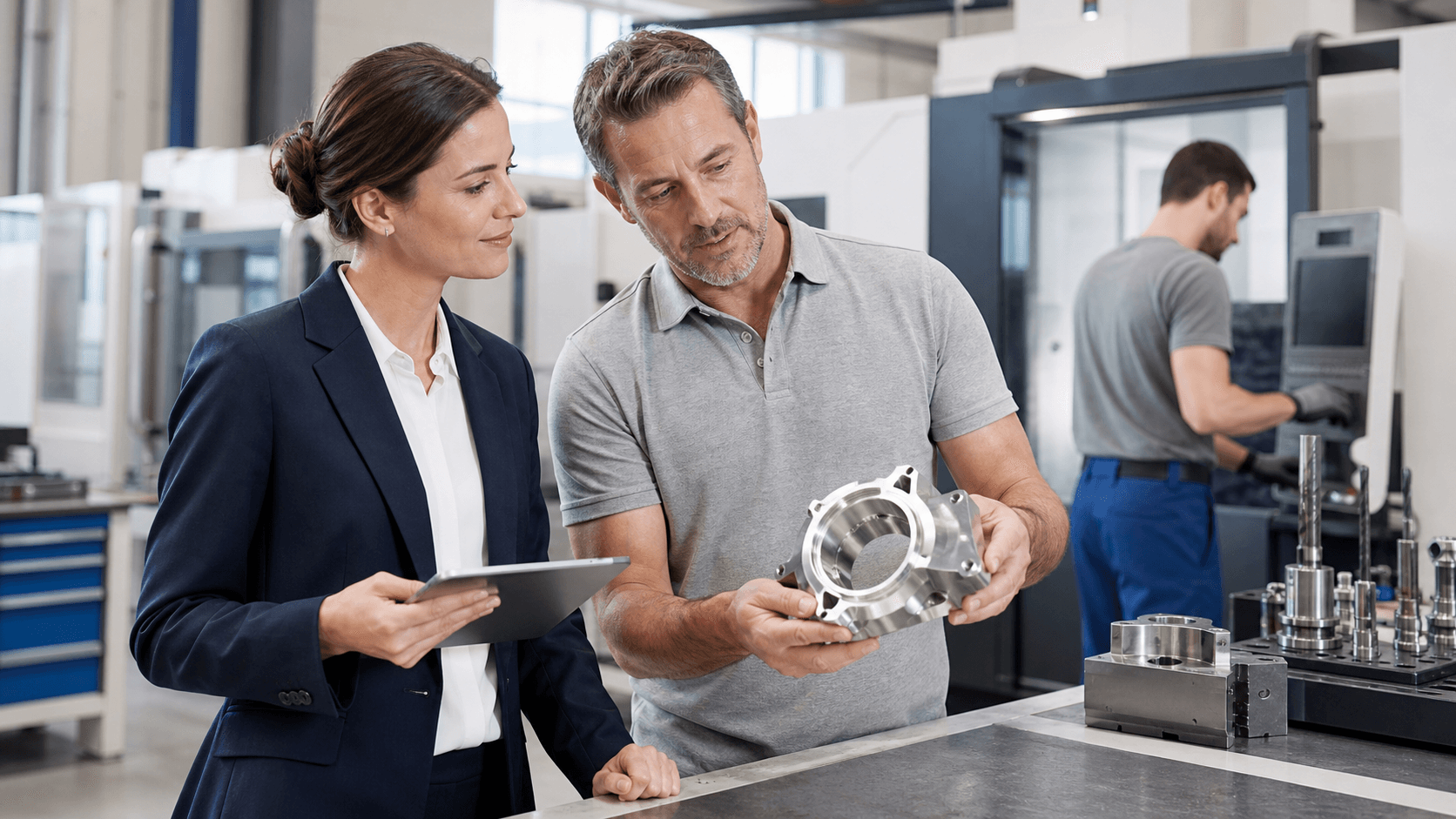 Industrielle Metallteile auf Werkbank neben Tablet mit Auftragsdiagrammen in blauem Werkstattlicht